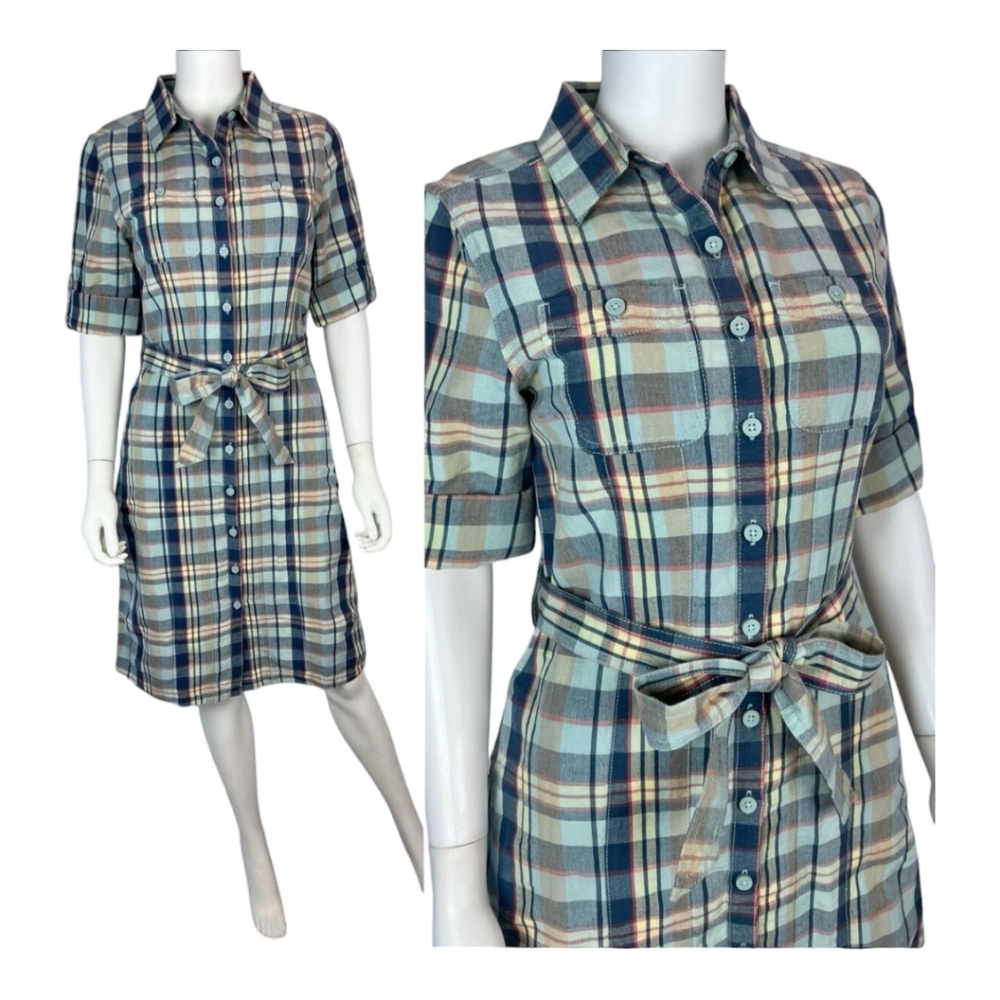 LL BEAN Knee Length Dress Size L Petite Plaid Flannel Button Up Long Sleeve